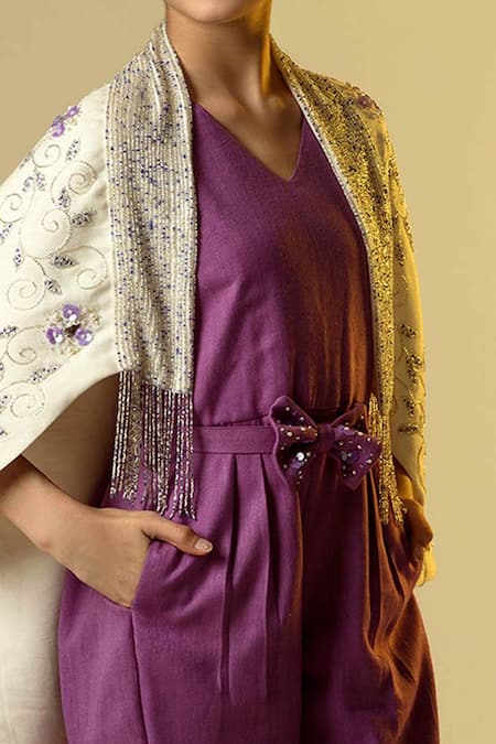 Littleens_Purple Wool Beads, Embroidery Embellished Jumpsuit With Cape _at_Aza_Fashions