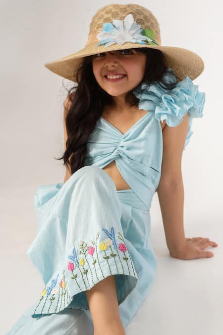 Buy_Littleens_Blue Cotton Embroidery Organic Jumpsuit _Online_at_Aza_Fashions