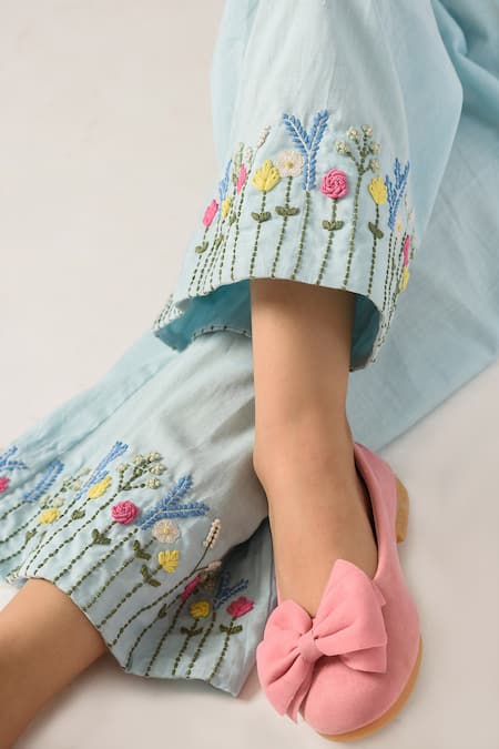 Littleens_Blue Cotton Embroidery Organic Jumpsuit _at_Aza_Fashions