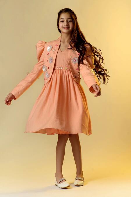 Littleens_Peach Wool, Twill Sequins Embellished Jacket With Dress _Online_at_Aza_Fashions