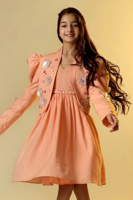 Shop_Littleens_Peach Wool, Twill Sequins Embellished Jacket With Dress _Online_at_Aza_Fashions