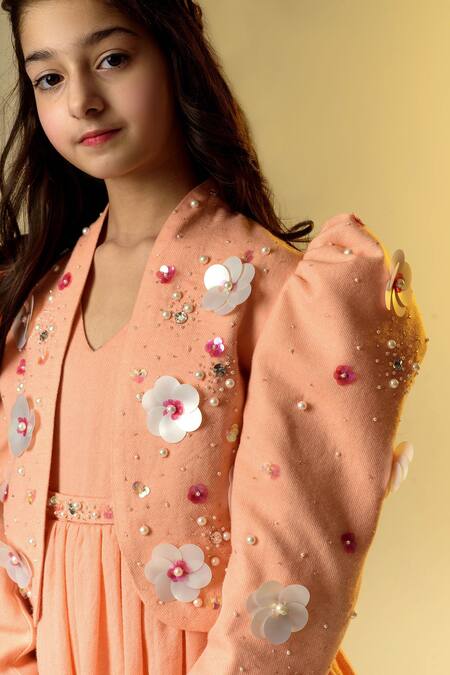 Littleens_Peach Wool, Twill Sequins Embellished Jacket With Dress _at_Aza_Fashions