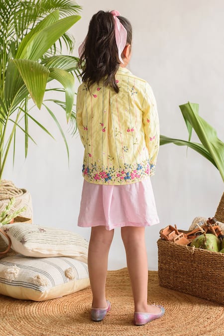 Shop_Littleens_Yellow Cotton Embroidery Organic Jacket _at_Aza_Fashions