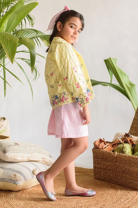 Littleens_Yellow Cotton Embroidery Organic Jacket _Online_at_Aza_Fashions