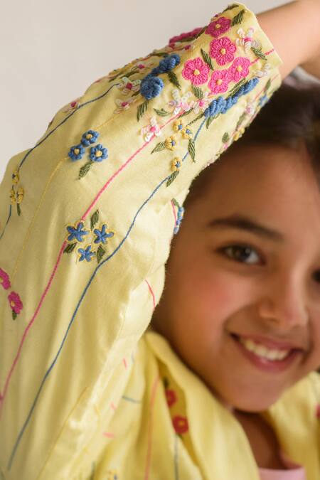 Shop_Littleens_Yellow Cotton Embroidery Organic Jacket _Online_at_Aza_Fashions