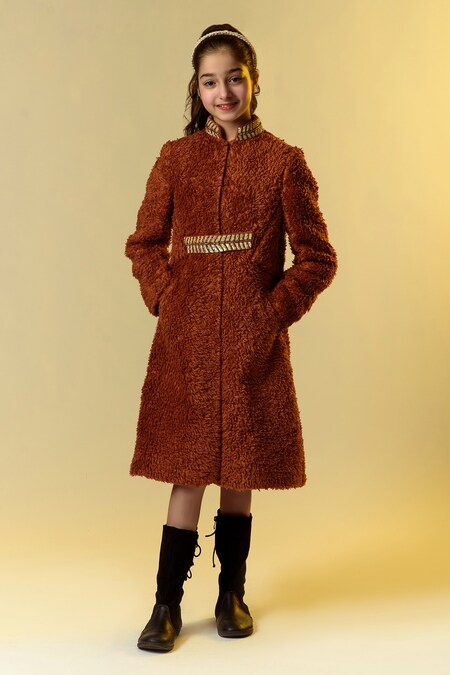 LITTLEENS Brown Organic Sherpa Embellished Coat 