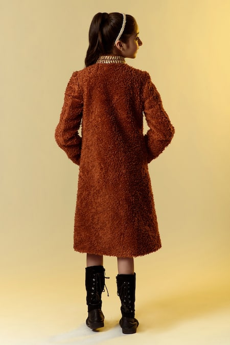 Shop_LITTLEENS_Brown Organic Sherpa Embellished Coat _at_Aza_Fashions
