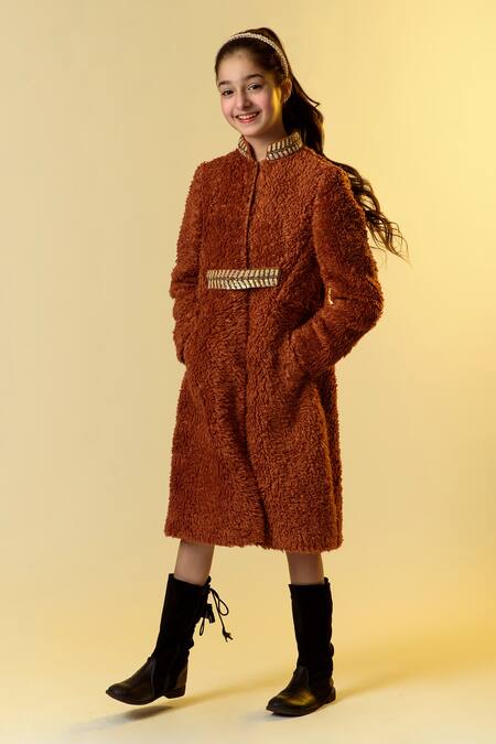 LITTLEENS_Brown Organic Sherpa Embellished Coat _Online_at_Aza_Fashions