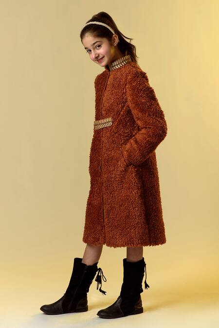 Buy_LITTLEENS_Brown Organic Sherpa Embellished Coat _Online_at_Aza_Fashions