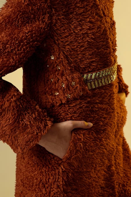 LITTLEENS_Brown Organic Sherpa Embellished Coat _at_Aza_Fashions