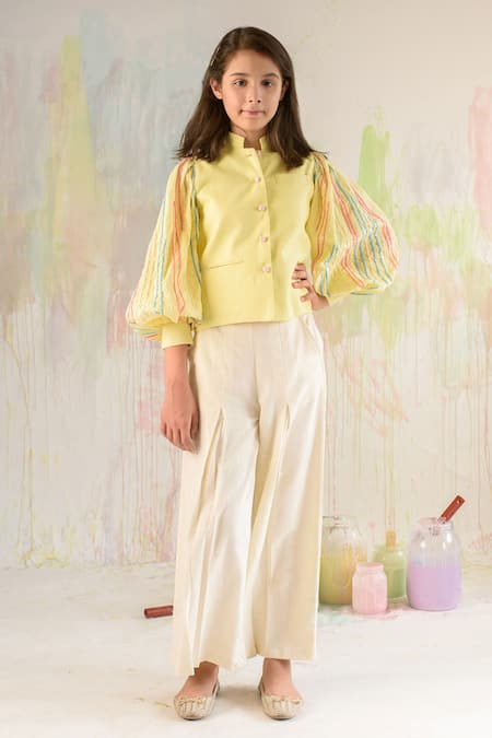 LITTLEENS Yellow Handloom Stripe Organic Cotton Embroidered Jacket 