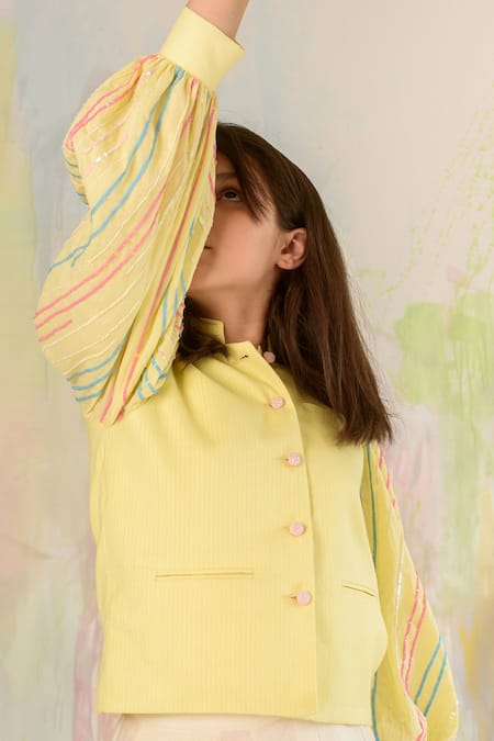 Buy_LITTLEENS_Yellow Handloom , Embroidery Jacket _Online_at_Aza_Fashions