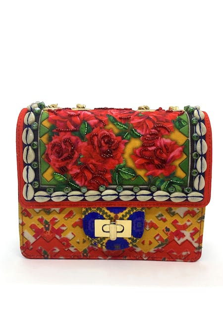 Buy_The Garnish Company_Red Embroidery, Beads Lana Rose Print Sling Bag _Online_at_Aza_Fashions