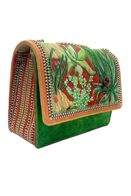 The Garnish Company_Green Beads, Chains Lush Velvet Printed Bag _Online_at_Aza_Fashions