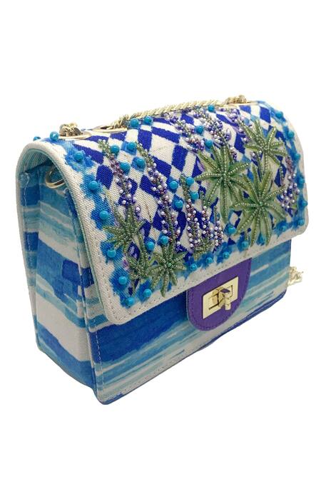 The Garnish Company_Purple Beads, Embroidery Azure Geometric And Floral Print Sling Bag _Online_at_Aza_Fashions