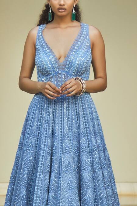 Jade By Monica & Karishma_Blue Net Embroidered Floral V Neck Aaira Gown  _Online_at_Aza_Fashions