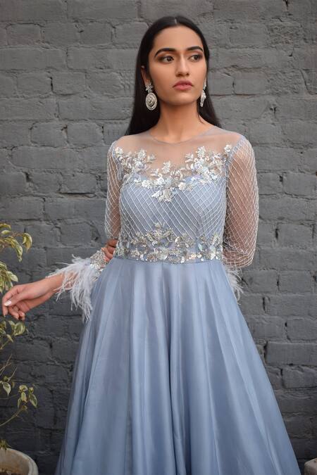 Parul Gandhi_Blue Net, Paper Silk Round Flared Gown _Online_at_Aza_Fashions