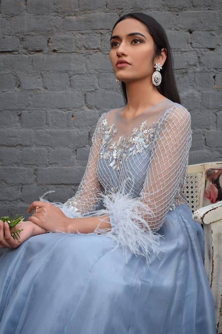 Buy_Parul Gandhi_Blue Net, Paper Silk Round Flared Gown _Online_at_Aza_Fashions