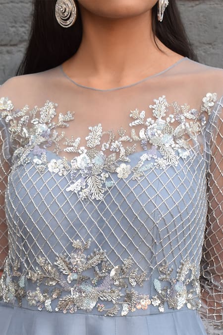 Shop_Parul Gandhi_Blue Net, Paper Silk Round Flared Gown _Online_at_Aza_Fashions