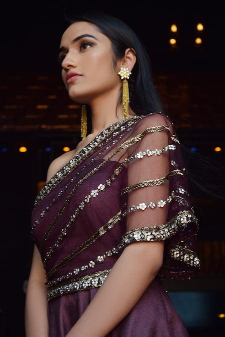 Parul Gandhi_Purple Textured Jacquard Asymmetric One Shoulder Cape Gown _Online_at_Aza_Fashions