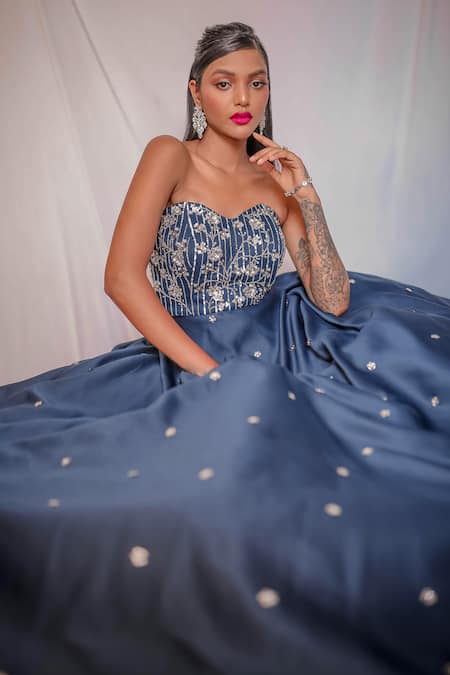 Parul Gandhi Blue Dutch Satin Sweetheart Neck Bandeau Embroidered Gown Online at Aza Fashions Parul Gandhi_Blue Dutch Satin Sweetheart Neck Bandeau Embroidered Gown _Online_at_Aza_Fashions