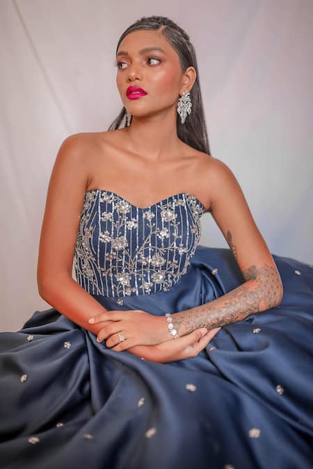 Buy Parul Gandhi Blue Dutch Satin Sweetheart Neck Bandeau Embroidered Gown Online at Aza Fashions Buy_Parul Gandhi_Blue Dutch Satin Sweetheart Neck Bandeau Embroidered Gown _Online_at_Aza_Fashions
