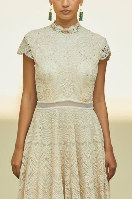 Jade By Monica & Karishma_White Net Embroidered Floral High Neck Vilona Gown  _Online_at_Aza_Fashions