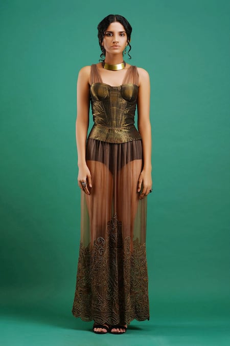 Nidhi Yasha Green Viscose Embroidery Sweetheart Neck Dress With Corset