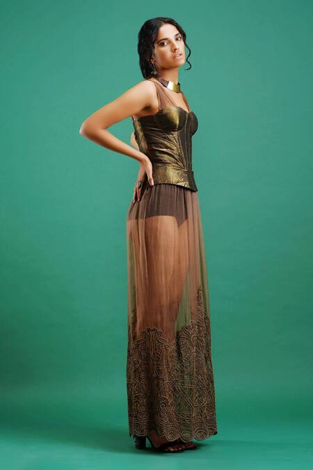 Nidhi Yasha_Green Viscose Embroidery Sweetheart Neck Dress With Corset  _Online_at_Aza_Fashions