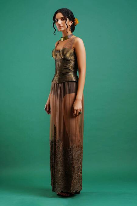 Buy_Nidhi Yasha_Green Viscose Embroidery Sweetheart Neck Dress With Corset  _Online_at_Aza_Fashions