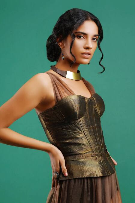 Shop_Nidhi Yasha_Green Viscose Embroidery Sweetheart Neck Dress With Corset  _Online_at_Aza_Fashions