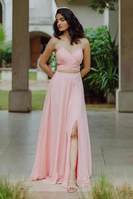 Pinup By Astha_Peach Flat Chiffon Plain Plunge V Neck Gaia Overlap Slit Gown _Online_at_Aza_Fashions