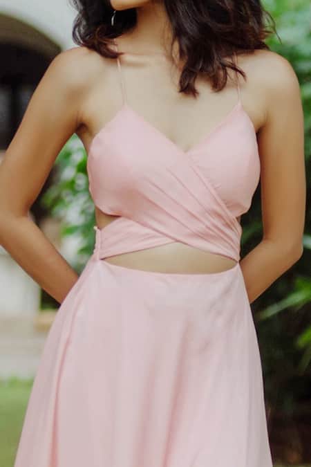 Shop_Pinup By Astha_Peach Flat Chiffon Plain Plunge V Neck Gaia Overlap Slit Gown _Online_at_Aza_Fashions