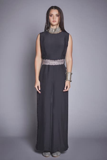 Jade By Monica & Karishma Black Crepe Round Embroidered Jumpsuit  