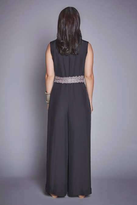 Shop Jade By Monica & Karishma Black Crepe Round Embroidered Jumpsuit at Aza Fashions Shop_Jade By Monica & Karishma_Black Crepe Round Embroidered Jumpsuit _at_Aza_Fashions
