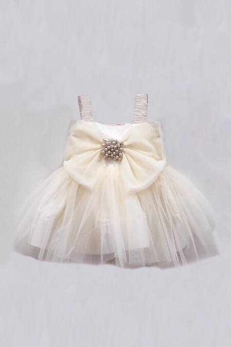 Shop Coco White Taffeta, Tulle Beads, Bows Flared Dress at Aza Fashions Shop_Coco_White Taffeta, Tulle Beads, Bows Flared Dress_at_Aza_Fashions