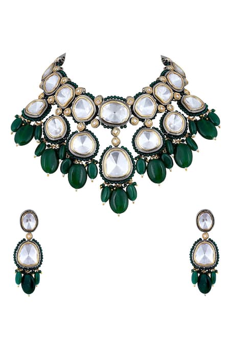 Anayah Jewellery Green Gold Plated Polki Bead Drop Choker Set