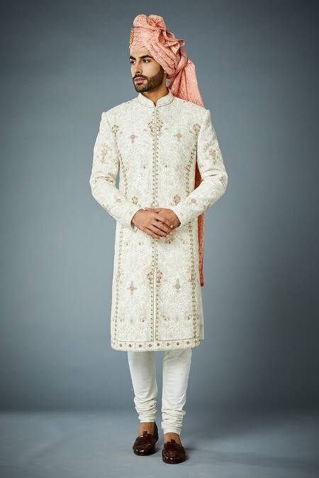 Gargee Designers_Ivory Cotton Satin, Cotton, Silk, Polyester, Eccentric Tonal Sherwani Set _Online_at_Aza_Fashions