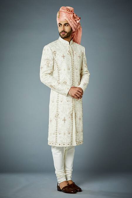 Buy_Gargee Designers_Ivory Cotton Satin, Cotton, Silk, Polyester, Eccentric Tonal Sherwani Set _Online_at_Aza_Fashions