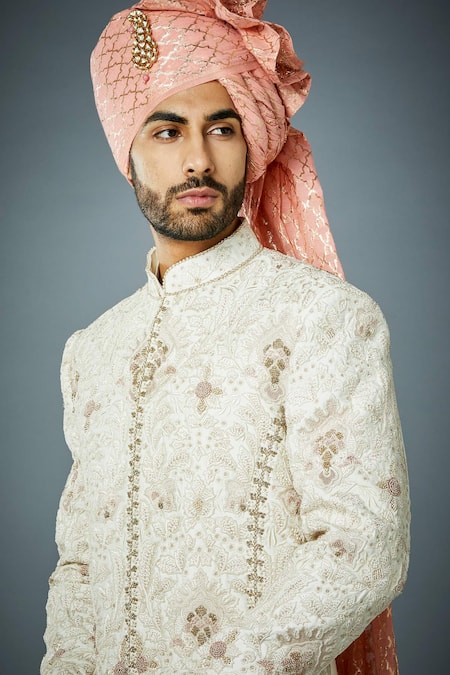 Shop_Gargee Designers_Ivory Cotton Satin, Cotton, Silk, Polyester, Eccentric Tonal Sherwani Set _Online_at_Aza_Fashions