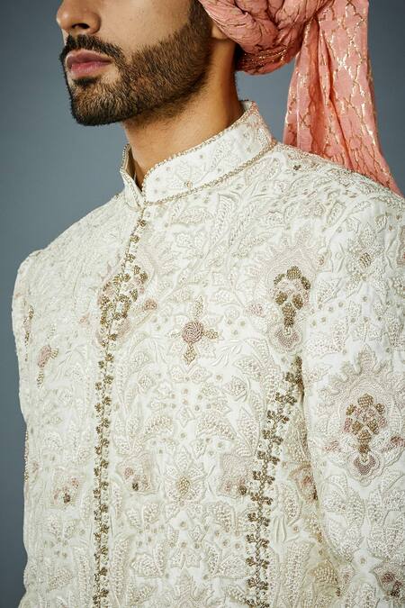Gargee Designers_Ivory Cotton Satin, Cotton, Silk, Polyester, Eccentric Tonal Sherwani Set _at_Aza_Fashions