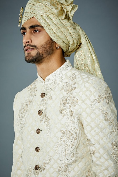 Gargee Designers_Ivory Cotton Satin, Polyester Embroidery, Unconventional Tonal Sherwani Set _Online_at_Aza_Fashions