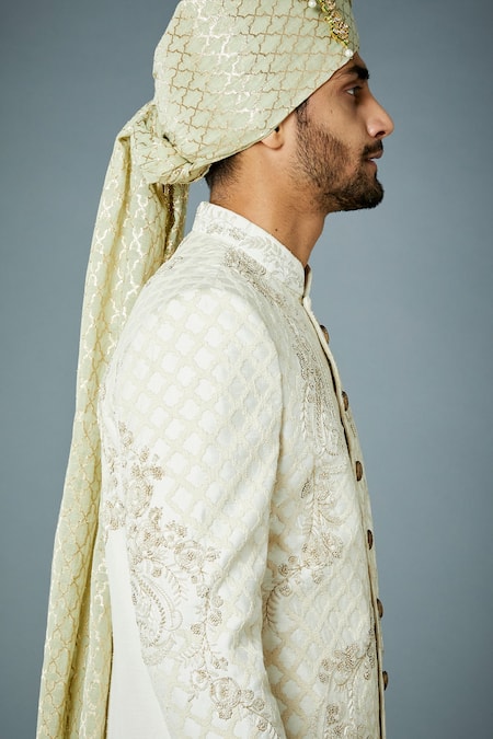 Buy_Gargee Designers_Ivory Cotton Satin, Polyester Embroidery, Unconventional Tonal Sherwani Set _Online_at_Aza_Fashions