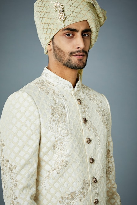 Shop_Gargee Designers_Ivory Cotton Satin, Polyester Embroidery, Unconventional Tonal Sherwani Set _Online_at_Aza_Fashions