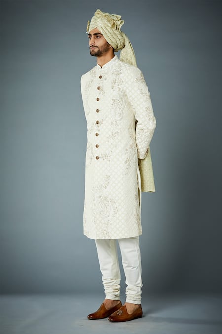 Gargee Designers_Ivory Cotton Satin, Polyester Embroidery, Unconventional Tonal Sherwani Set _at_Aza_Fashions