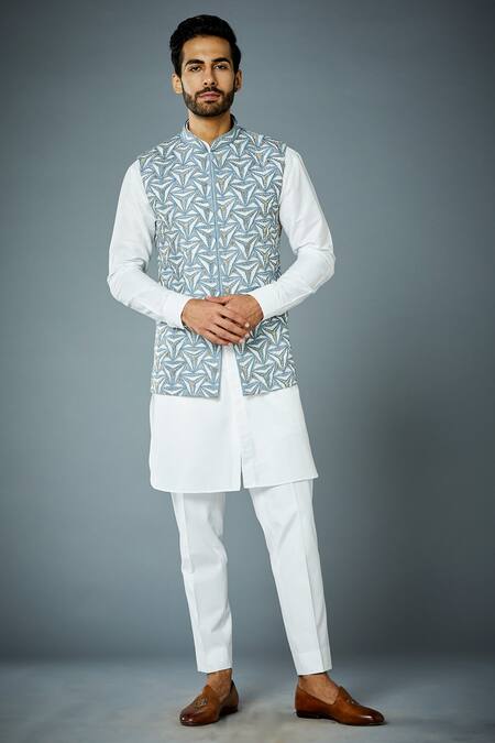 Gargee Designers_Blue Polyester, Cotton, Silk Zari, Embroidery Trilogy Bundi And Kurta Set _Online_at_Aza_Fashions