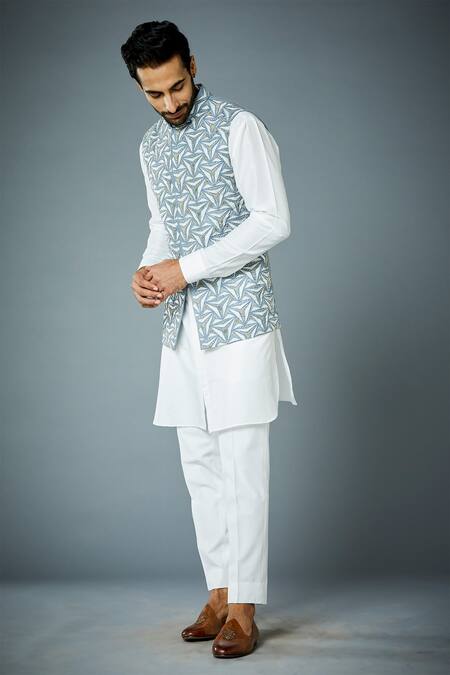 Buy_Gargee Designers_Blue Polyester, Cotton, Silk Zari, Embroidery Trilogy Bundi And Kurta Set _Online_at_Aza_Fashions