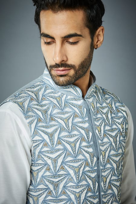 Shop_Gargee Designers_Blue Polyester, Cotton, Silk Zari, Embroidery Trilogy Bundi And Kurta Set _Online_at_Aza_Fashions