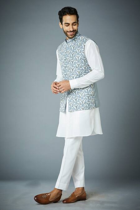 Gargee Designers_Blue Polyester, Cotton, Silk Zari, Embroidery Trilogy Bundi And Kurta Set _at_Aza_Fashions