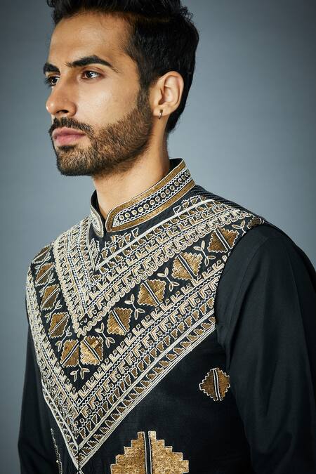 Shop_Gargee Designers_Black Polyester, Cotton, Silk Sequins, Embroidery Geometric Bundi Kurta Set _Online_at_Aza_Fashions